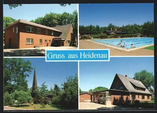 AK Heidenau / Nordheide, Lebensmittel Heinr. Benecke, Gebäude, Freibad, Kirche