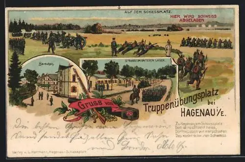 Lithographie Hagenau, Soldaten auf dem Schiessplatz, Baracken, Strasse im unteren Lager