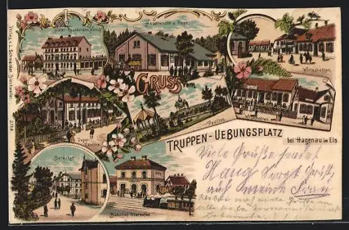 Lithographie Hagenau i. Els., Truppenübungsplatz, Bahnhof Oberhofen, Wirtschaften, Hotel-Restaurant Hirsch