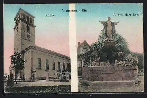AK Wanzenau, Statue herz jesu, Kirche