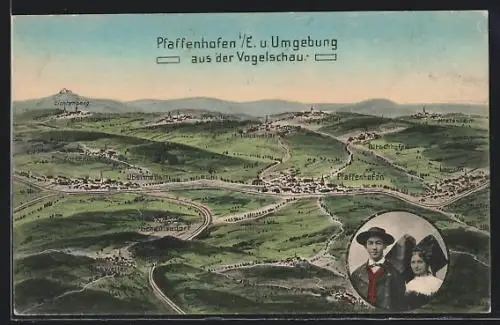 AK Pfaffenhofen i. E., Panorama mit Büsweiler, Bitschhofen und Mietesheim, Paar in Tracht