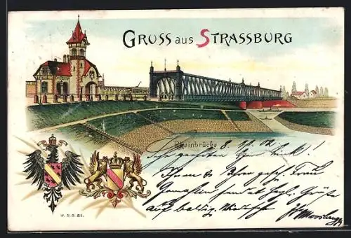Lithographie Strassburg i.E., Partie an der Rheinbrücke, die Wappen