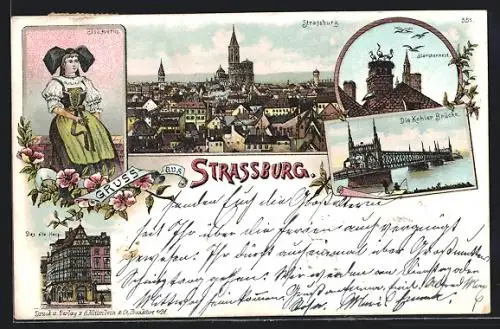 Lithographie Strassburg, Kehler Brücke, Elsässerin, Storchennest