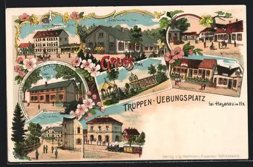 Lithographie Hagenau, Restaurant Hirsch, Hauptwache und Post, Wirtschaften, Bahnhof, Pavillon, Baracken, Depot-Cantine
