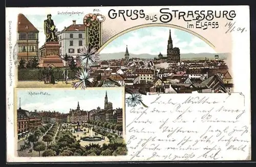 Lithographie Strassburg, Kleber-Platz, Gutenberg-Denkmal, Gesamtansicht