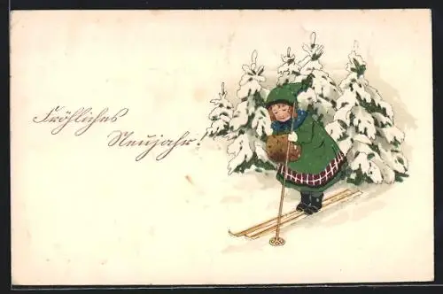 AK Frau auf Skiern im Schnee, Neujahrsgruss