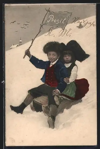 AK Kinderpaar mit Fahne auf einem Schlitten