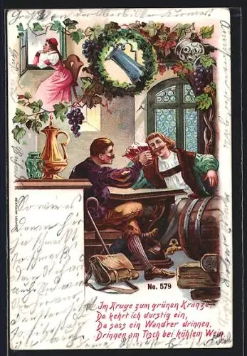 AK Im Krug zum grünen Kranze, zwei Männer trinken zusammen Wein im Wirtshaus, eine Frau sitzt wartend am Fenster