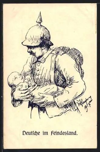 AK Deutsche im Feindesland, Soldat mit Pickelhaube und Baby