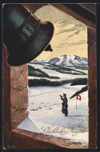 AK Soldat mit Trompete im Schnee vom Glockenturm aus, Neujahrsgruss