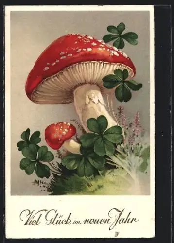 AK Zwei Fliegenpilze mit Kleeblättern, Neujahrsgruss