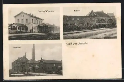 AK Kapellen / Erft, Bahnhof, Mühl und Brauerei