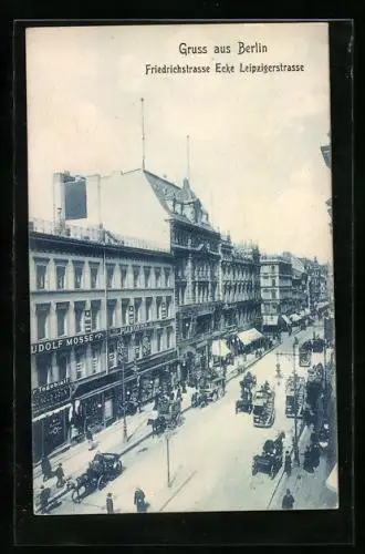 AK Berlin, Friedrichstrasse Ecke Leipzigerstrasse, Busse, Pferdefuhrwerke