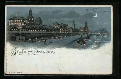 Lithographie Dresden, Belvedere und Landeplatz, Strassenpartie, Dampfer, Halt gegen das Licht