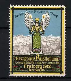 Reklamemarke Freiberg, Erzgebirgs-Ausstellung f. Gewerbe, Industrie und Bergbau 1912, Erzengel & Ortsansicht