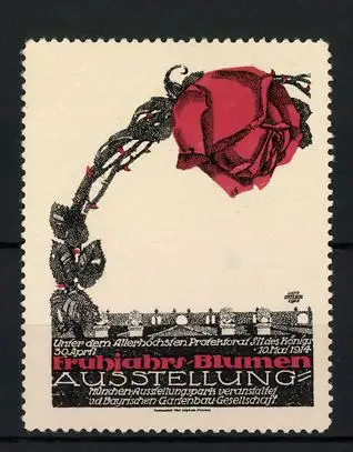 Künstler-Reklamemarke Otto Ottler, München, Frühjahrs-Blumen-Ausstellung 1914, rote Rose ragt über die Stadt