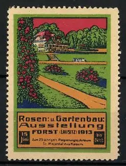 Reklamemarke Forst / Lausitz, Rosen- und Gartenbau-Ausstellung 1913, Gebäude und Parkanlage