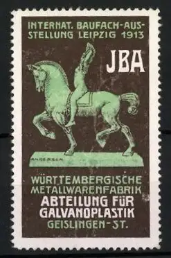 Künstler-Reklamemarke Andersen, Leipzig, Internat. Baufach-Ausstellung IBA 1913, Plastik Frau auf Pferd