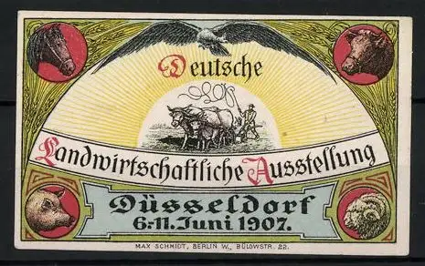 Reklamemarke Düsseldorf, Deutsche Landwirtschaftliche Ausstellung 1907, Rinderpflug, Pferde-, Schweine- und Ziegenkopf