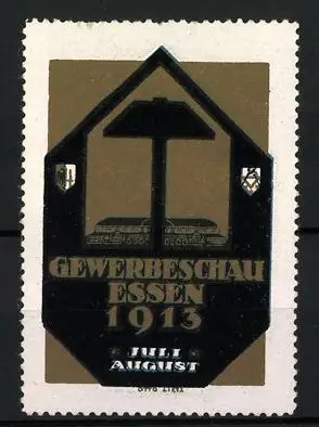 Reklamemarke Essen, Gewerbeschau 1913, Messelogo Hammer & Gebäude, Wappen