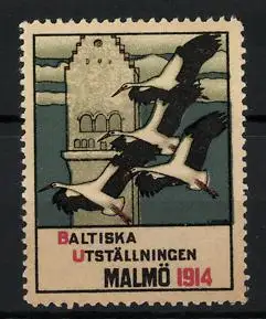 Reklamemarke Malmö, Baltiska Utställingen 1914, Störche passieren einen Turm