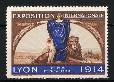 Reklamemarke Lyon, Exposition Internationale 1914, Göttin mit Engel und Löwen