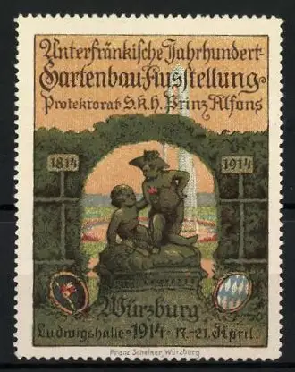 Reklamemarke Würzburg, Unterfränkische Jahrhundert-Gartenbau-Ausstellung 1914, zwei nackte Buben & Wappen