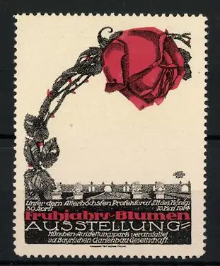 Künstler-Reklamemarke Otto Ottler, München, Frühjahrs-Blumen-Ausstellung 1914, Rose & Ausstellungsgelände