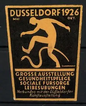Präge-Reklamemarke Düsseldorf, Ausstellung für Gesundheitspflege & Leibesübungen 1926, Sportler und Schlange