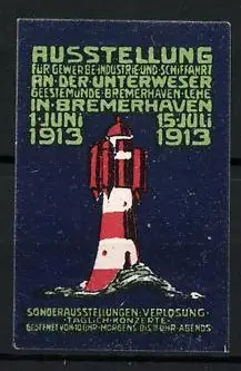Reklamemarke Bremerhaven, Ausstellung f. Gewerbe, Industrie & Schiffahrt 1913, Leuchtturm
