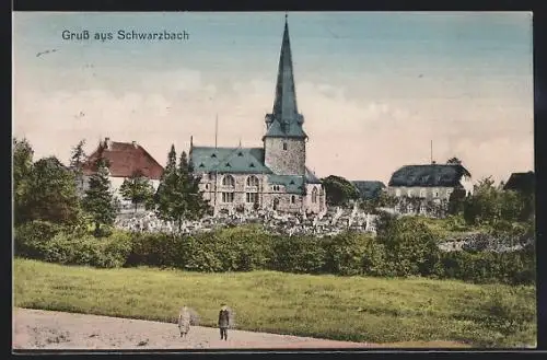 AK Schwarzbach / Rochlitz, Blick zur Kirche