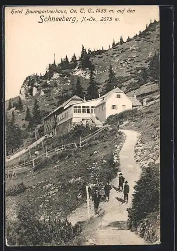 AK Baumgartnerhaus auf dem Schneeberg mit Wanderern