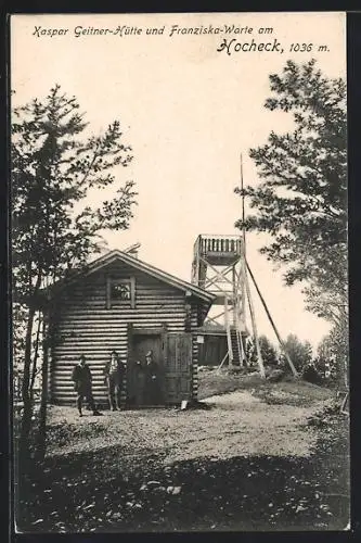 AK Kaspar Geitner-Hütte am Hocheck, Leute am Schutzhaus mit der Franziska-Warte