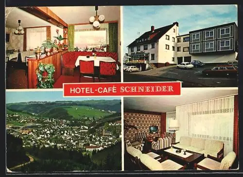 AK Morsbach / Sieg, Hotel-Cafe Schneider, Innen und Aussenansicht, Ortsansicht