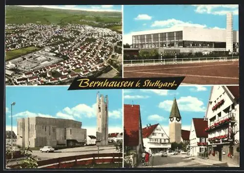 AK Bernhausen / Fildern, Gesamtansicht, Strassenpartie mit Kirche, Sportplatz