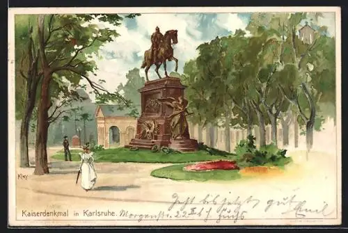 Künstler-AK Heinrich Kley: Karlsruhe, Spaziergänger am Kaiserdenkmal