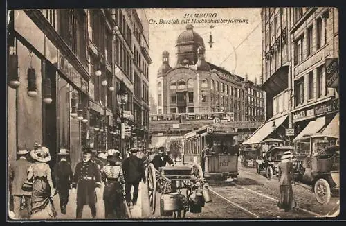 AK Hamburg, Gr. Burstah mit Hochbahnüberführung und Strassenbahn