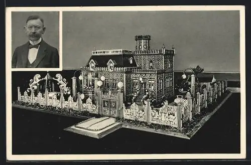 AK Thale /Harz Carl Goerecke mit dem Miniatur-Kunstbau der Villa in Burg b. Madgeburg