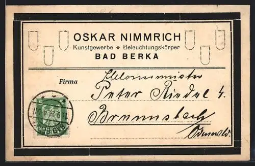 AK Bad Berka, Reklame für Oskar Nimmrich, Kunstgewerbe und Beleuchtungskörper
