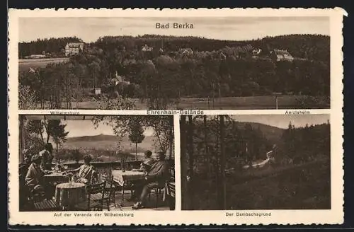 AK Bad Berka, Ehrenhain-Gelände, auf der Veranda der Pension Wilhelmsburg und Blick auf den Dambachsgrund