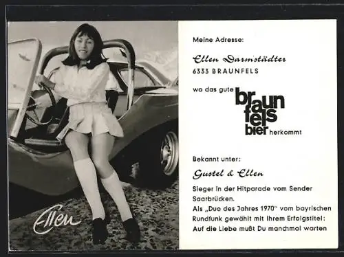 AK Braunfels, Sängering Ellen Darmstädter nebst Auto