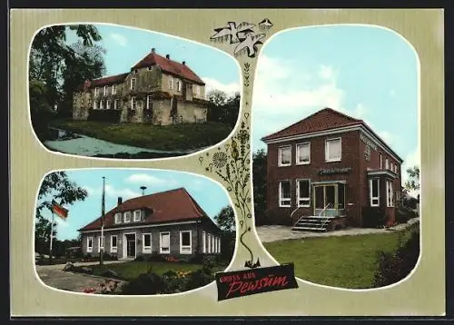 AK Pewsum /Ostfriesland, Rathaus, Sparkasse und altes Haus mit Teich