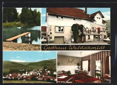 AK Ludwigsau-Beenhausen, Gasthaus Waldschmidt, Innen- und Aussenansicht, Ortsansicht, Weiher mit Steg