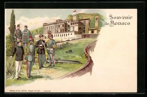 Lithographie Monaco, Soldaten in Uniform vor dem Fürstenpalast