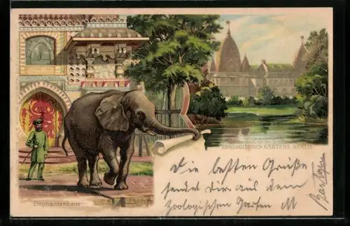 Lithographie Berlin, Zoologischer Garten, Elefantenhaus
