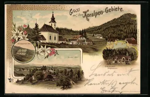 Lithographie Trahütten, Ortsansicht mit Kirche, Koralpenhaus, Glashütten