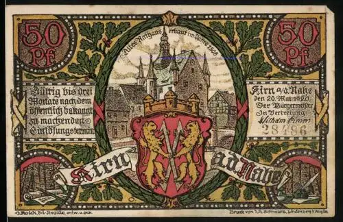 Notgeld Kirn 1920, 50 Pfennig, Altes Rathaus mit Wappen, Ayrburg