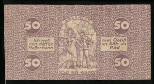 Notgeld Köln 1921, 50 Pfennig, Paar nimmt Abschied, J. v. Werth Denkmal