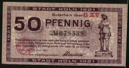 Notgeld Köln 1921, 50 Pfennig, Paar nimmt Abschied, J. v. Werth Denkmal
