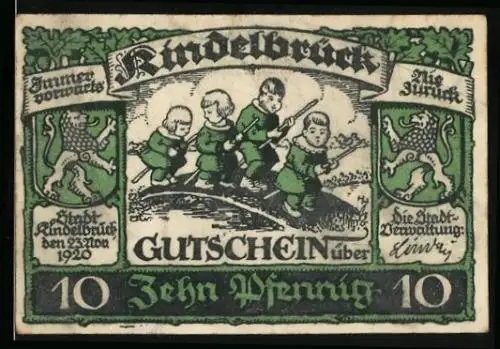 Notgeld Kindelbrück 1920, 10 Pfennig, Kinder spielen auf einer Brücke, Kirche